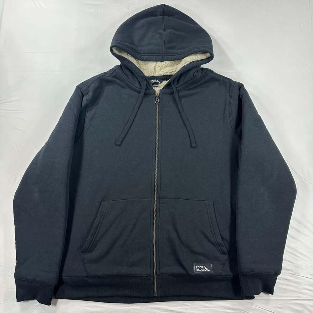 Eddie Bauer Men's Faux Shearling Lined Hoodie Full Zip Jacket Black Size L